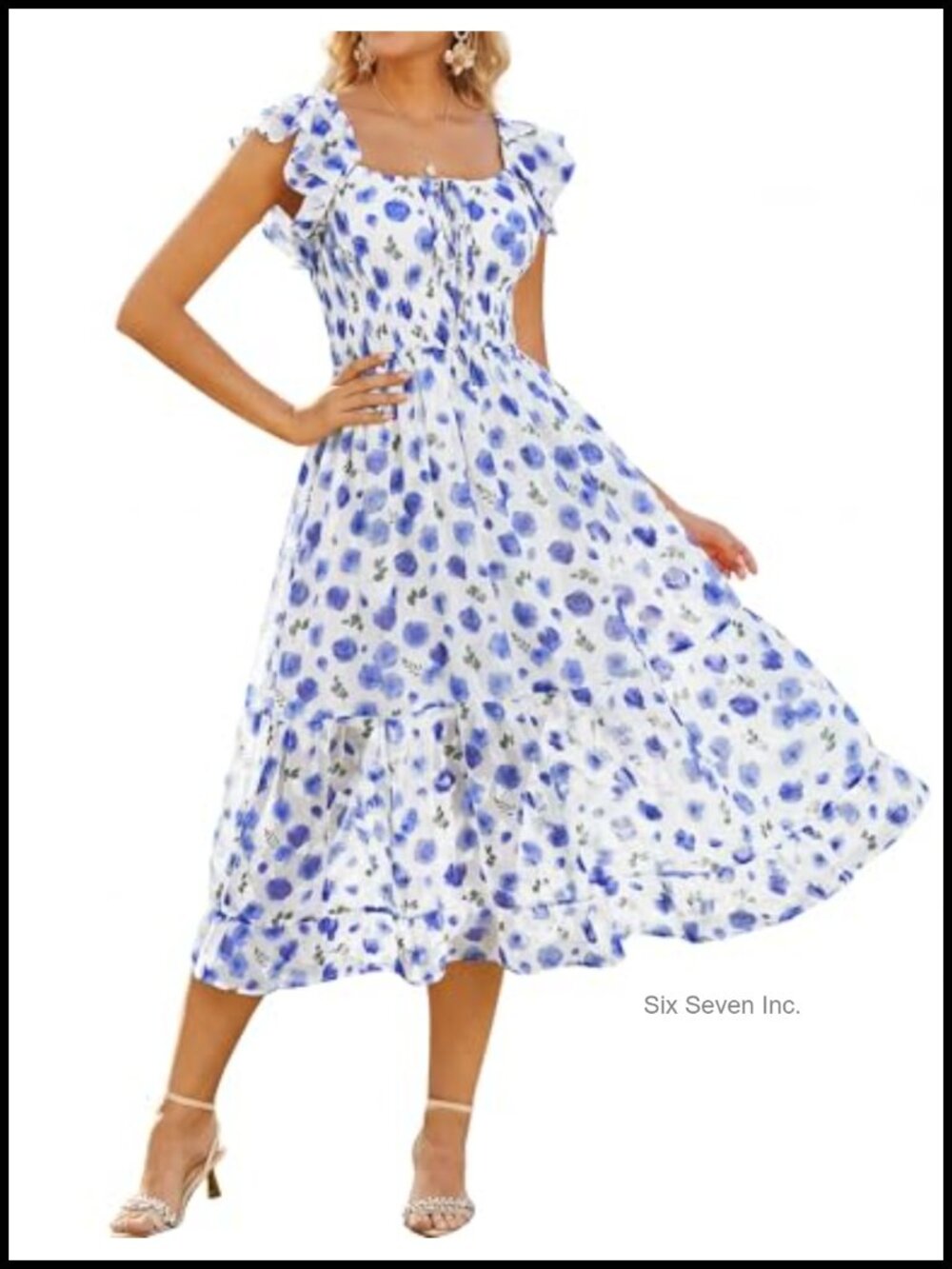 Womens Floral Midi Dress Square Neck Ruffle Sleeve A Line Smocked Waist